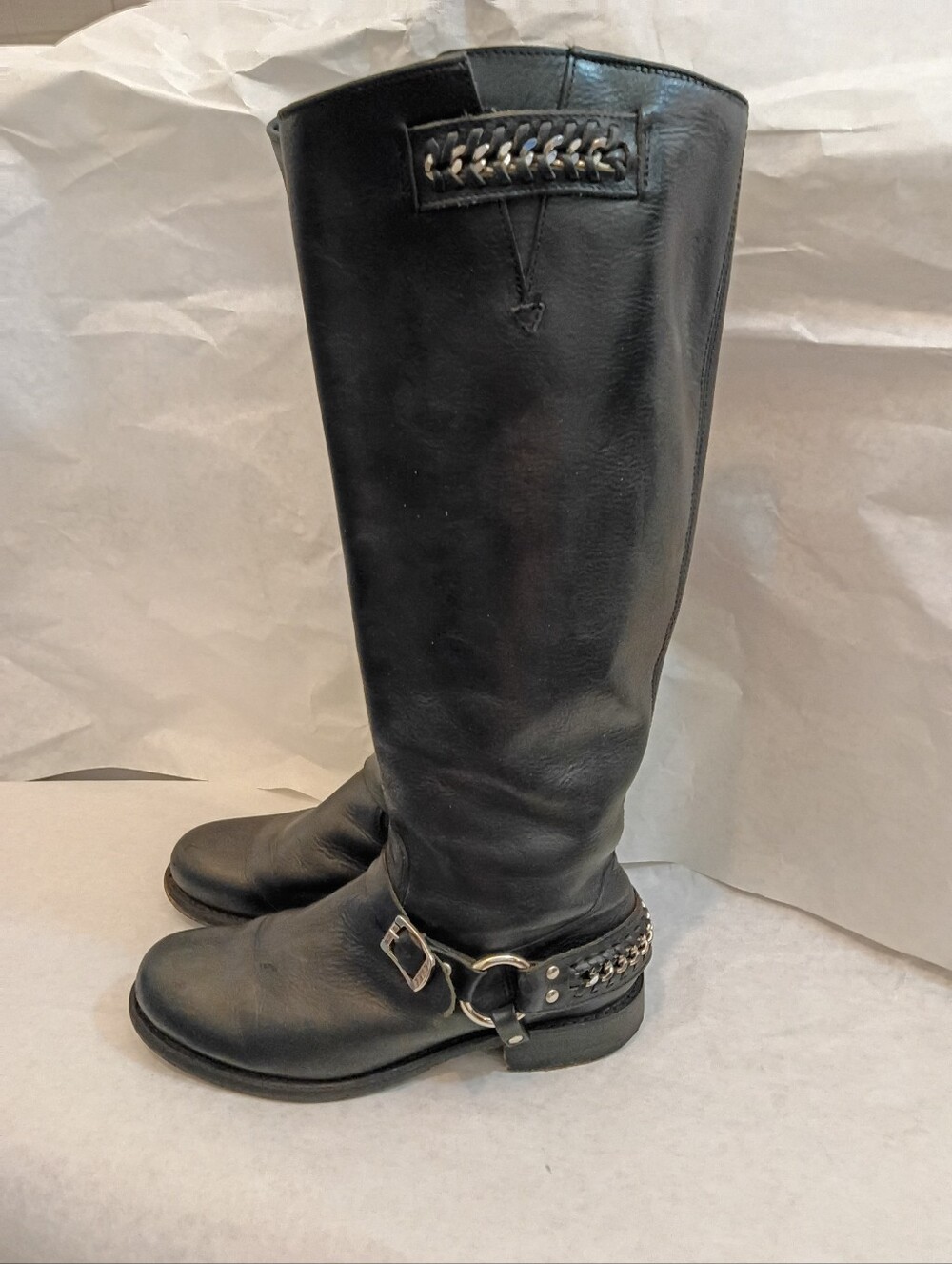 FRYE Jenna Chain Tall Knee-High Black Leather Boots Size 10B